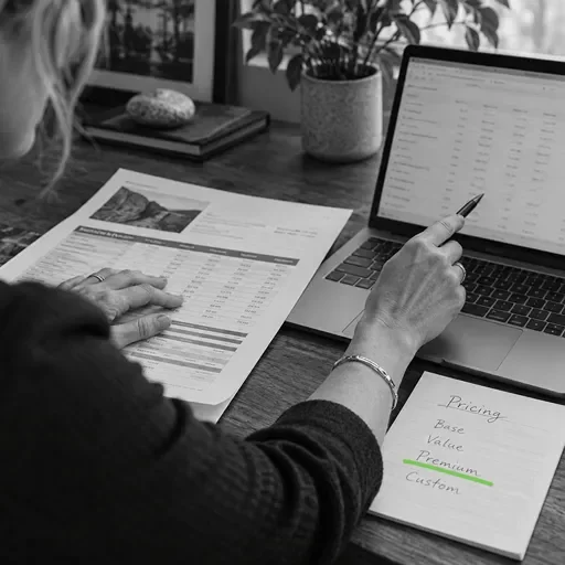 Business woman sitting at her computer comparing financial data from a report to her computer