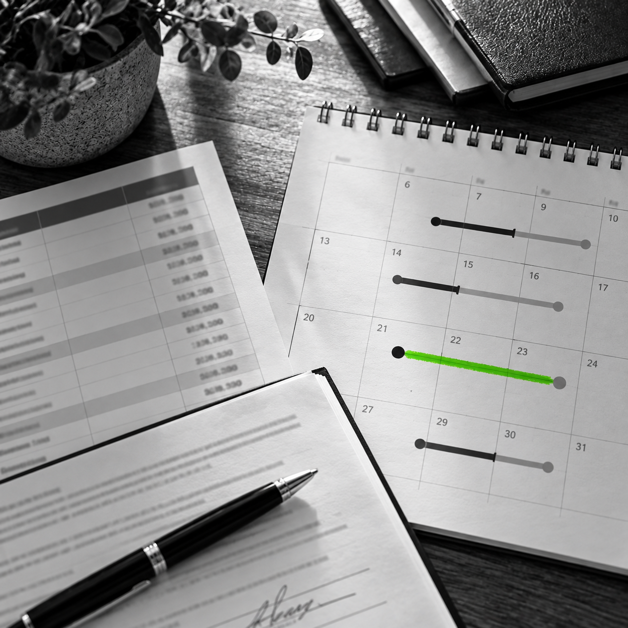 Client agreement and calendar on a desk, with a cash flow timing gap marked in green.