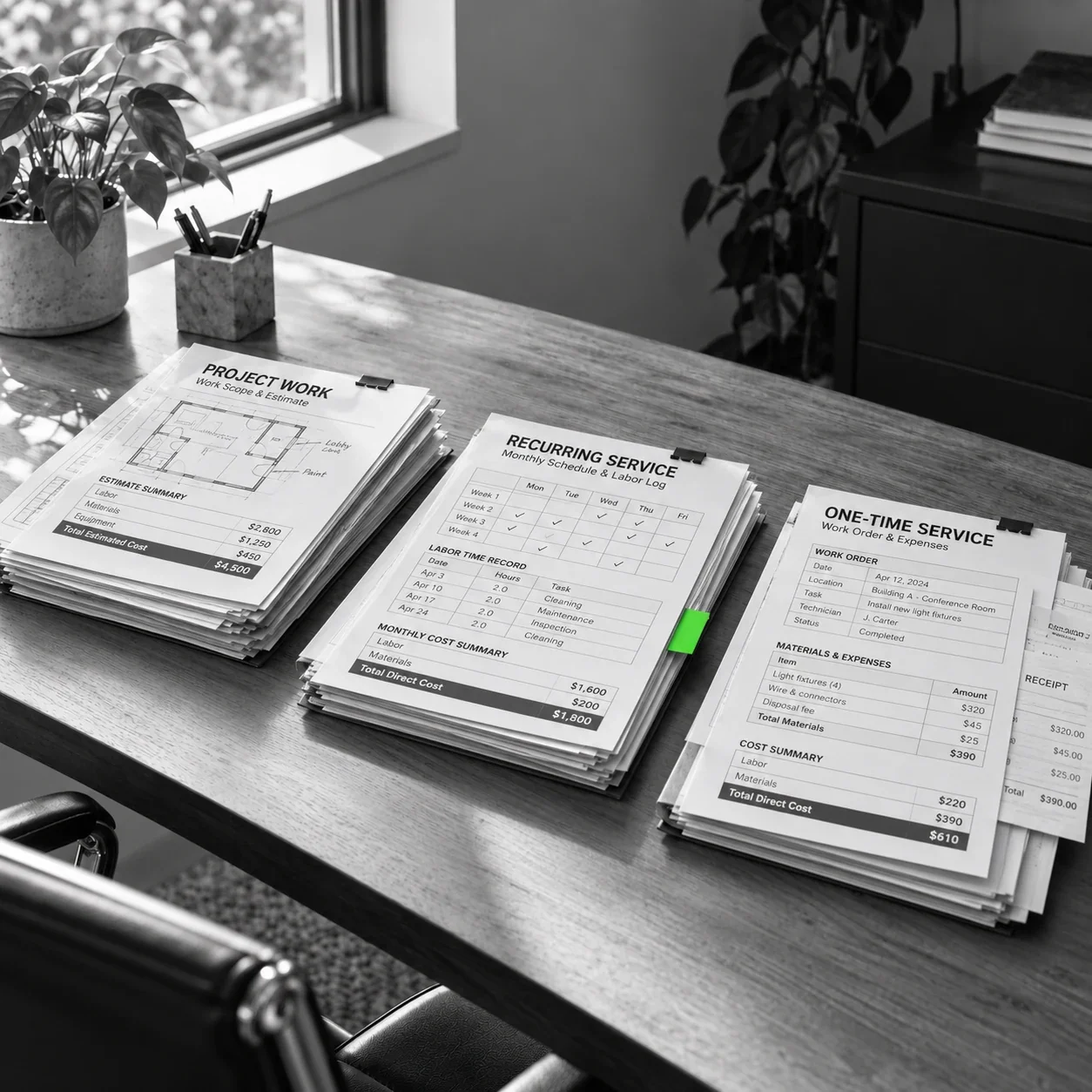 Black and white desk scene with separate stacks of service paperwork and one lime green tab drawing attention to the need for clearer cost visibility by service.