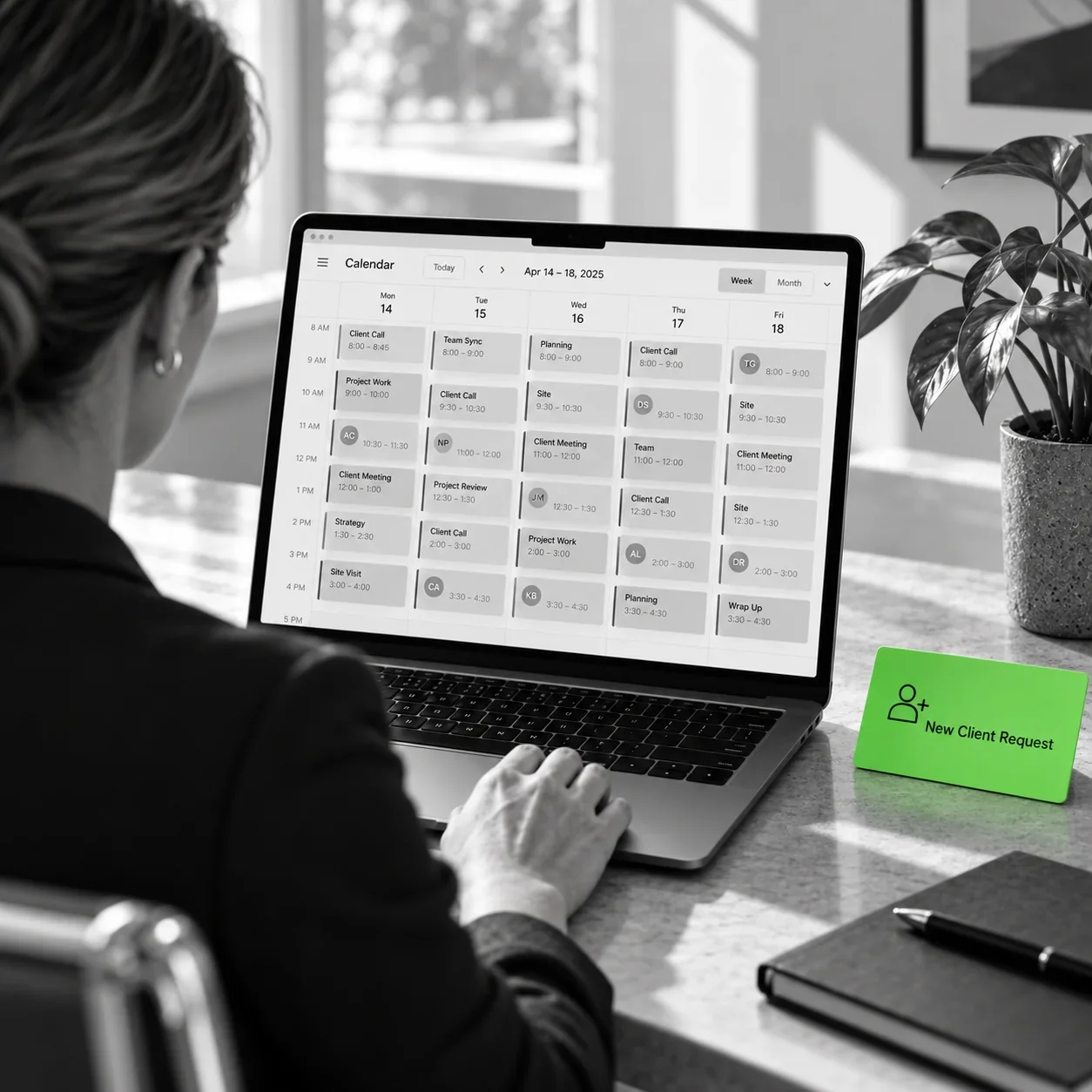 Black and white service business calendar already filled with client work, with one lime green New Client Request waiting to be scheduled.
