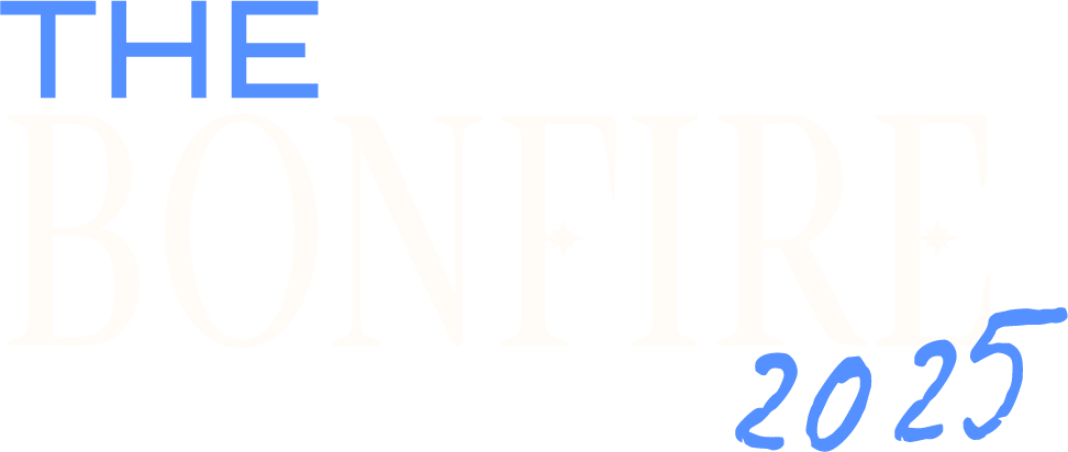 Stylized text reading 'The Bonfire 2025' with a star in the middle, using blue and white colors.