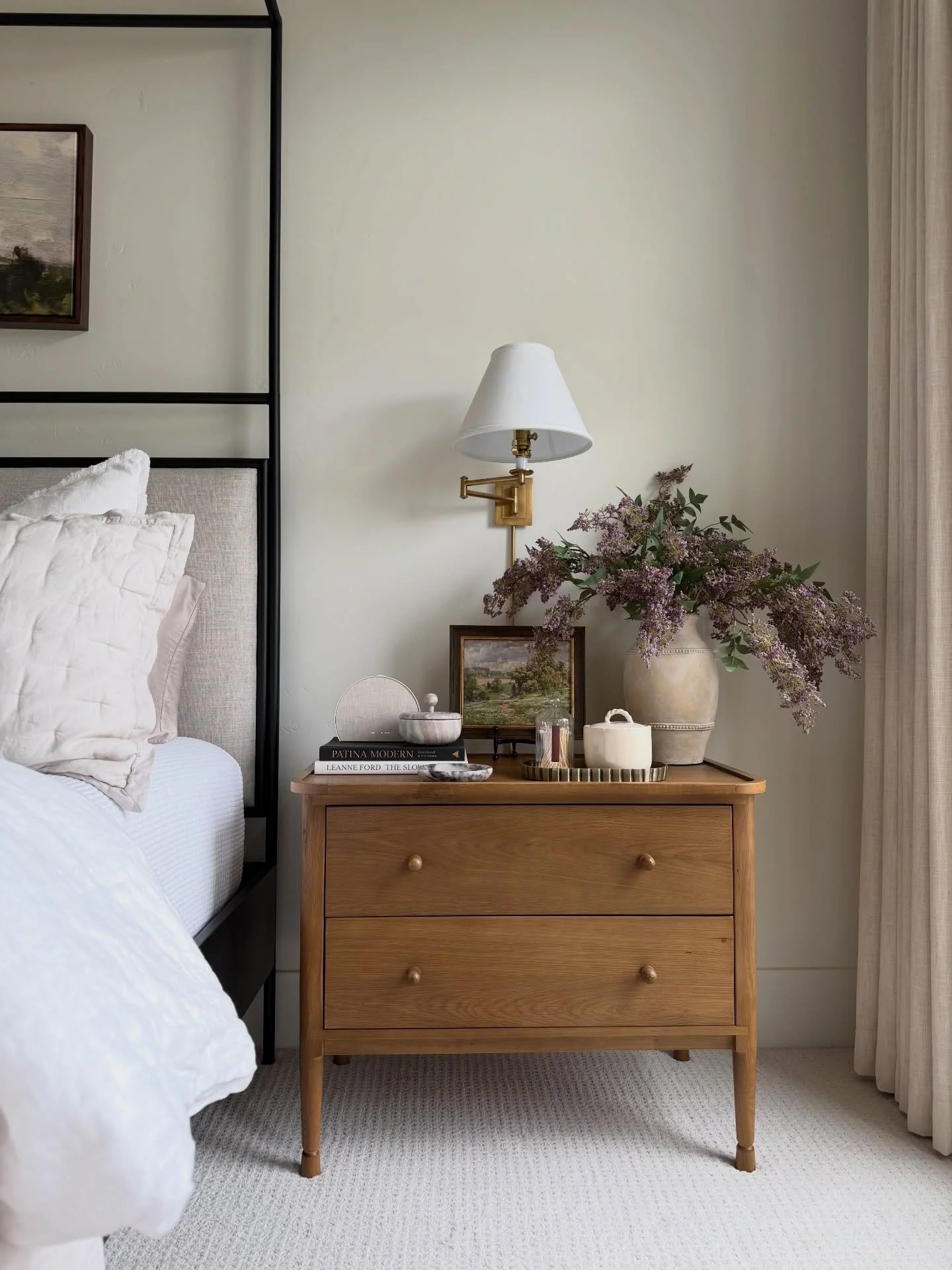 Spring nightstand refresh ✨ follow + comment SHOP for links! 

I shared a few new pretty finds from @etsy last week in stories and you guys loved them! 🤩
I refreshed my nightstand with these pretty lilac berry stems and the most gorgeous framed art,