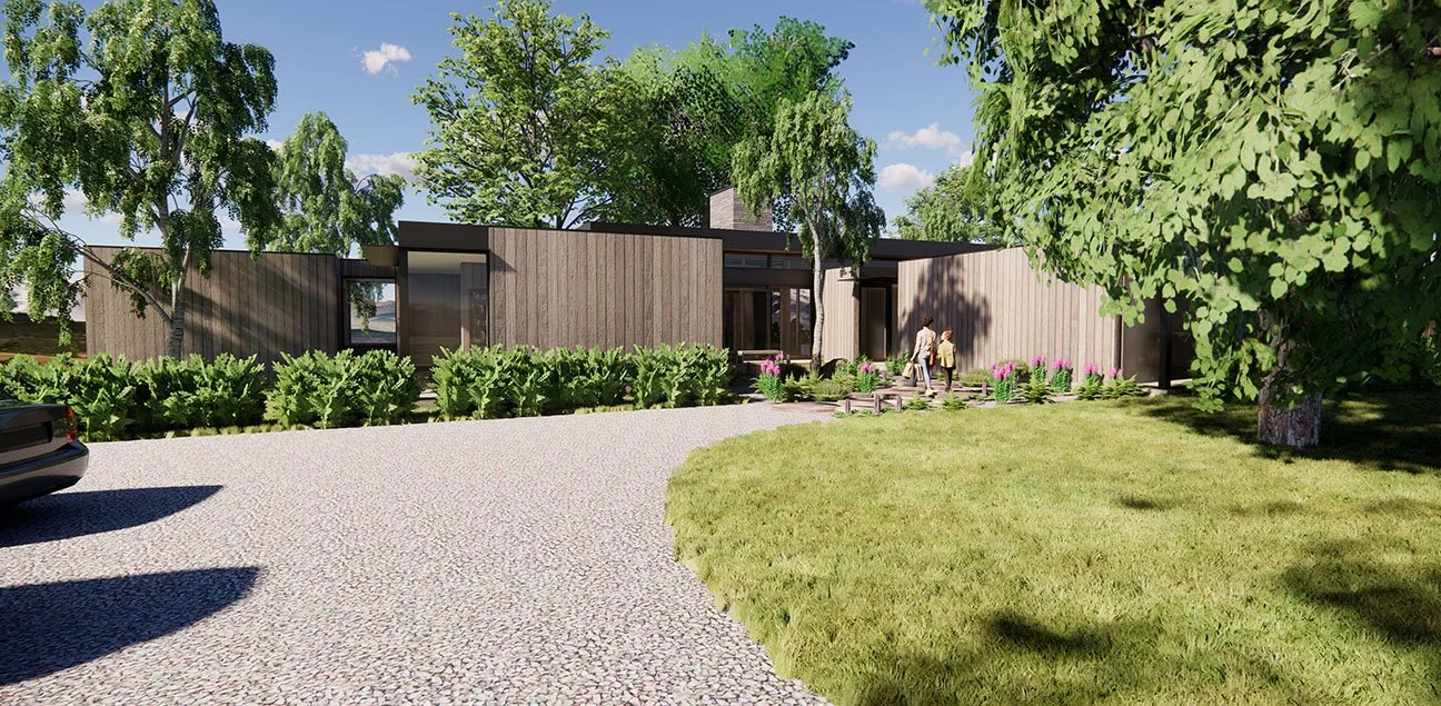 Rendering of a modern riverfront home along the water, River House, Vancouver, Washington.