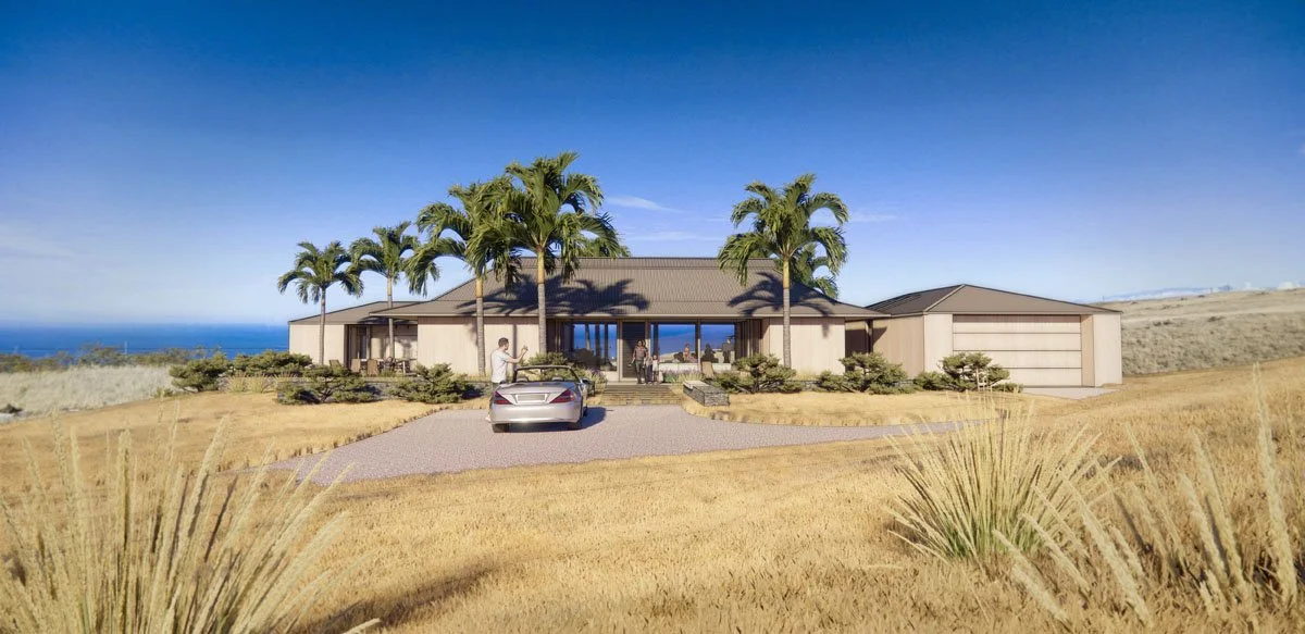 Rendering of a modern home designed for the trade winds and views, Kohala Ranch, Hawaii.