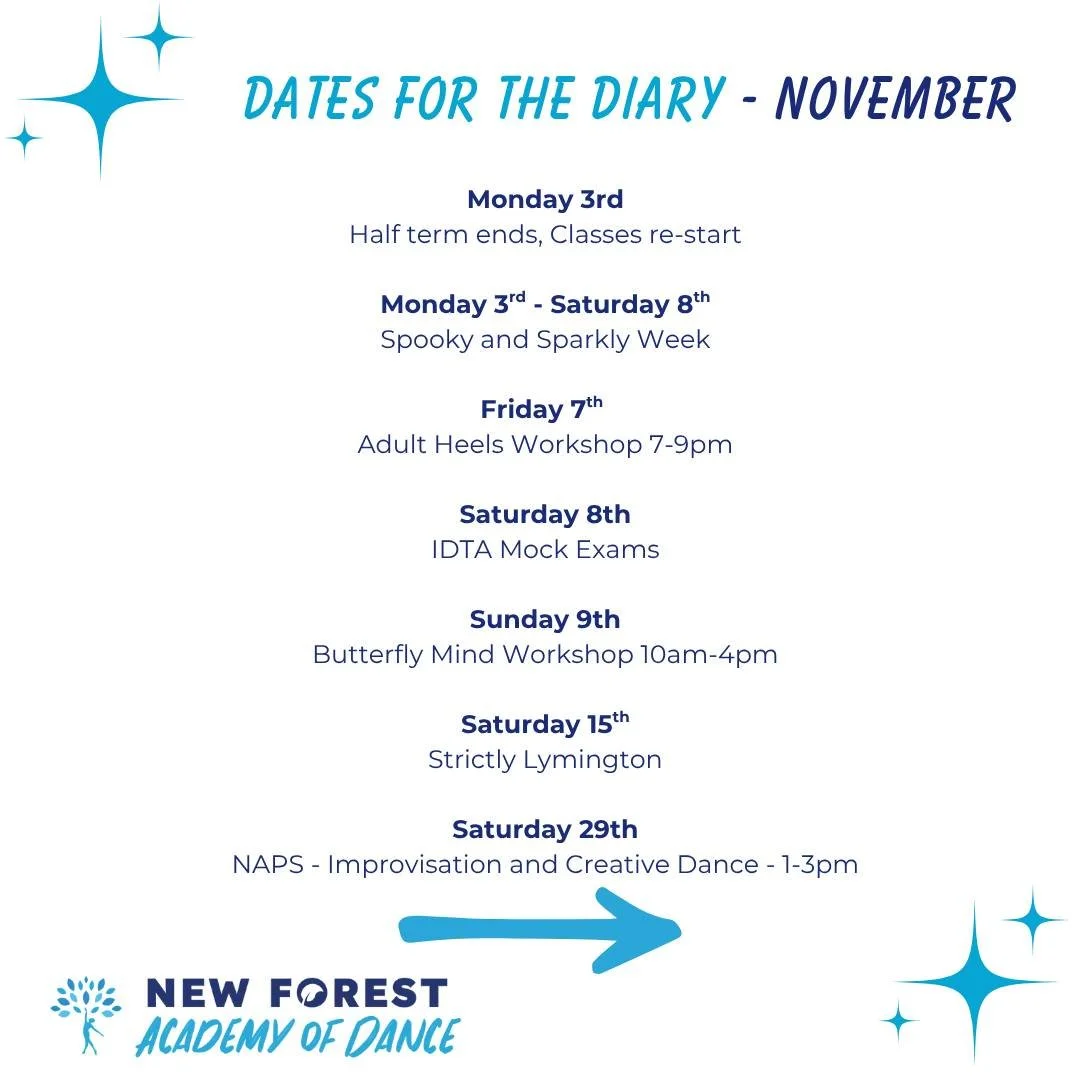 💙 November is packed with fun at NFAD!💙

Starting with Spooky and Sparkly week in aid of @new_forest_basics_bank we also have IDTA mock exams for those taking their Street, Tap, Modern Jazz or Musical Theatre Awards. 

And don't forget to book your