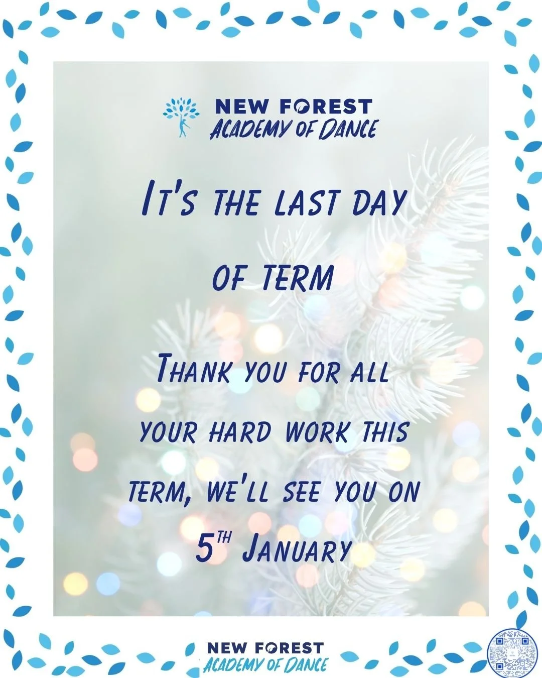 This is our last day of classes before the festive break. 💙

Thank you for all your dedication and enthusiasm this term, it has been wonderful to see how everyone has progressed!

Enjoy a well deserved rest and we will see you back in the studio fro
