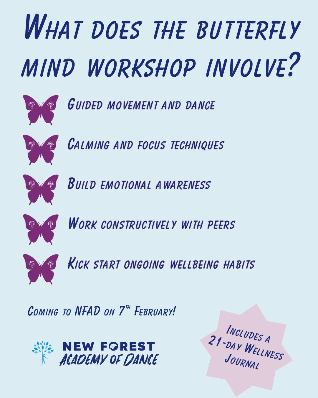 What will your child actually do at The Butterfly Mind Workshop? 💙

✔ Take part in guided movement and dance
✔ Learn calming and focus techniques
✔ Build emotional awareness and confidence
✔ Work creatively and constructively with peers
✔ Start a 21