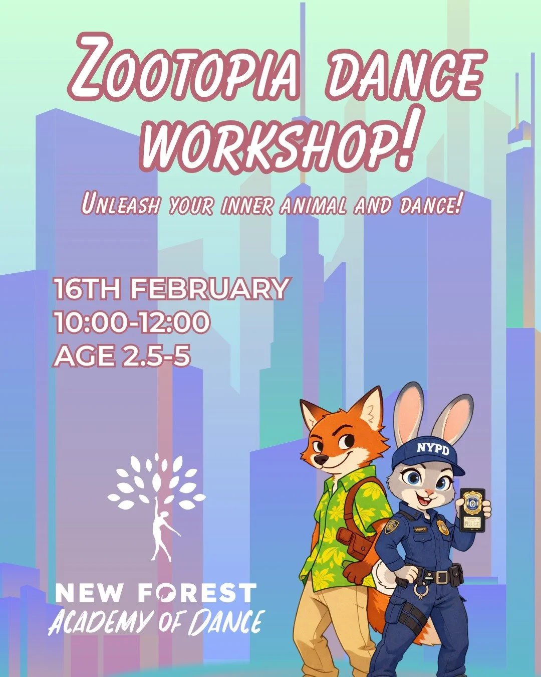 💙 Zootopia Mini Workshop &ndash; perfect for little dancers

Our Zootopia Mini Workshop is a fun, gentle introduction to dance for your young movers.

What to expect:
&bull; Creative movement and themed dancing
&bull; Simple activities designed for 