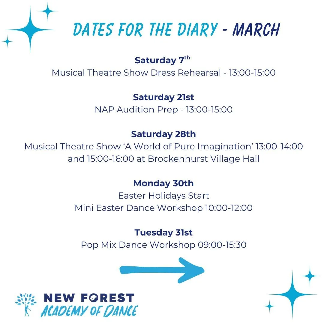 Spring is coming and with it come lots of fun to look forward to at NFAD this month!

 #nfadworkshop #nap #danceassociateprogramme #NFADLive #NFADPerformance #lymingtonholidayclub #newforestacademyofdance #danceeducation #wearnfad #nfad #proudtobenfa