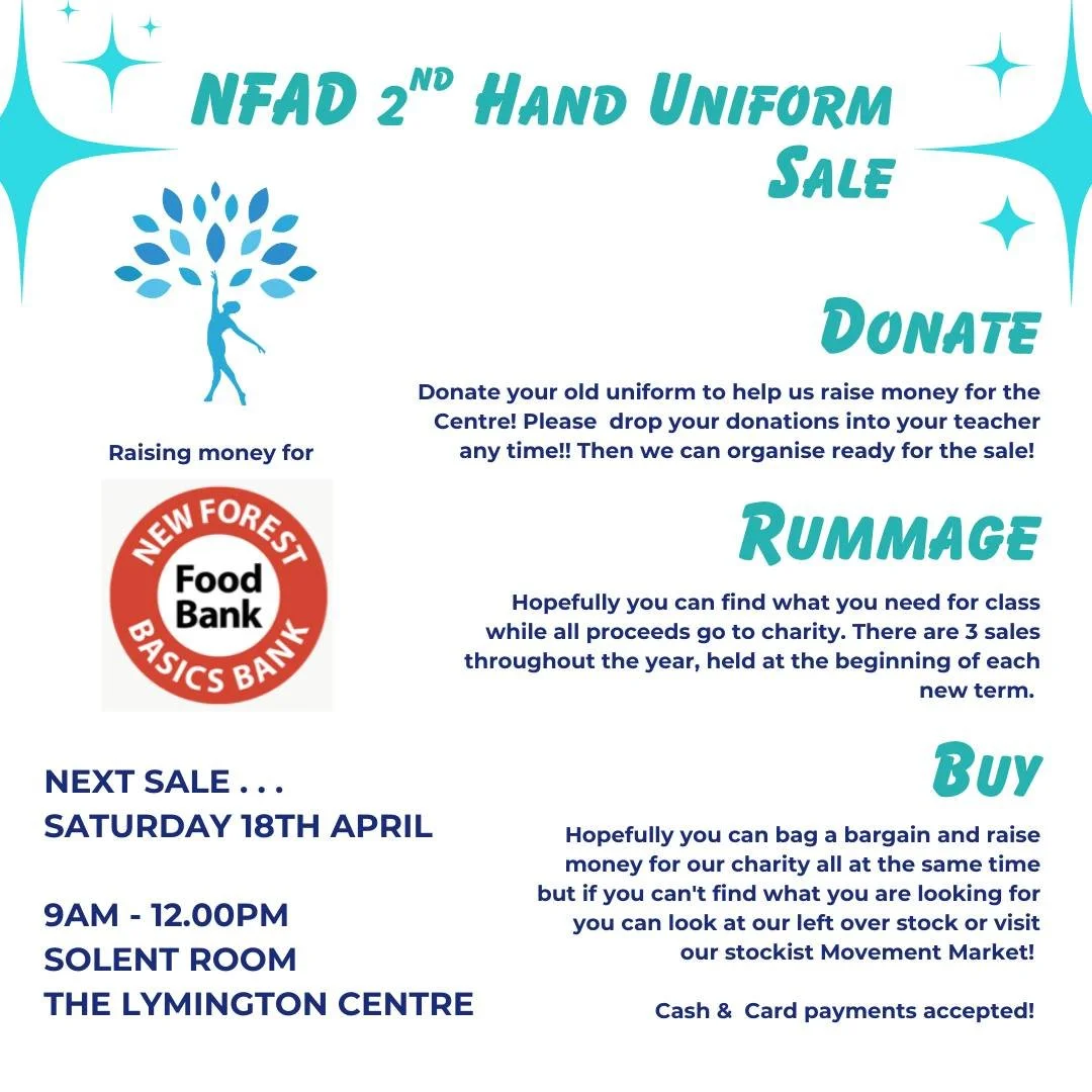 💙 NFAD Second-Hand Dancewear Sale

Join us on Saturday 18th April, 9:00am&ndash;12:00pm in the Solent Room at The Lymington Centre for our second-hand sale.

A great opportunity to pick up pre-loved uniform and dancewear, or to meet our stockist, Th