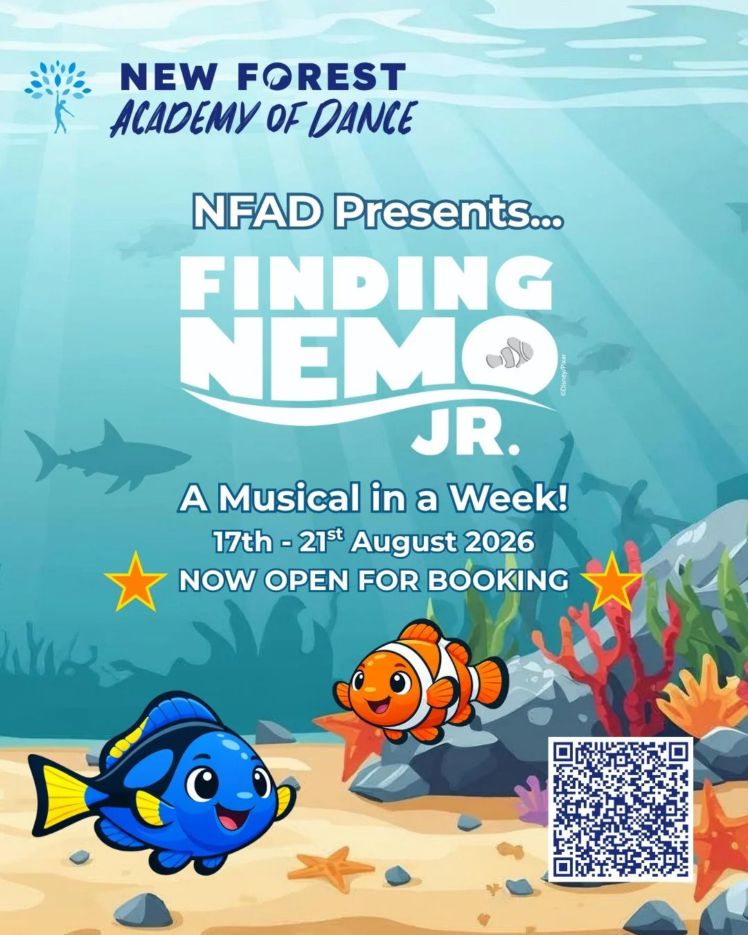 Ready to take to the stage this summer? 🐠💙

Musical in a Week 2026: Finding Nemo Jr
17th&ndash;21st August

Five days of rehearsals, creativity and teamwork, leading to a full-scale performance.

Open to those currently in Year 1&ndash;Year 13
Spac