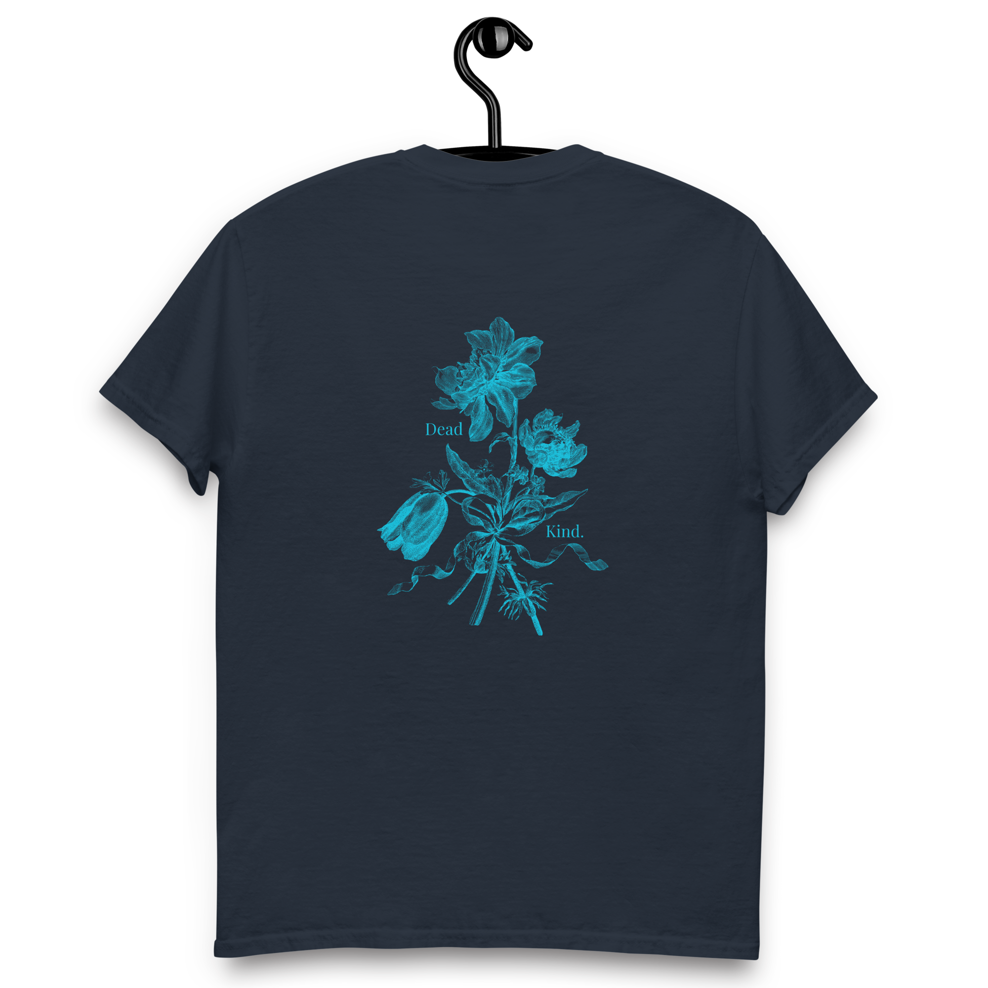 A navy blue T-shirt hanging on a black hanger. The shirt features a blue botanical illustration of flowers with the words "Dead" and "Kind" printed near the flowers.