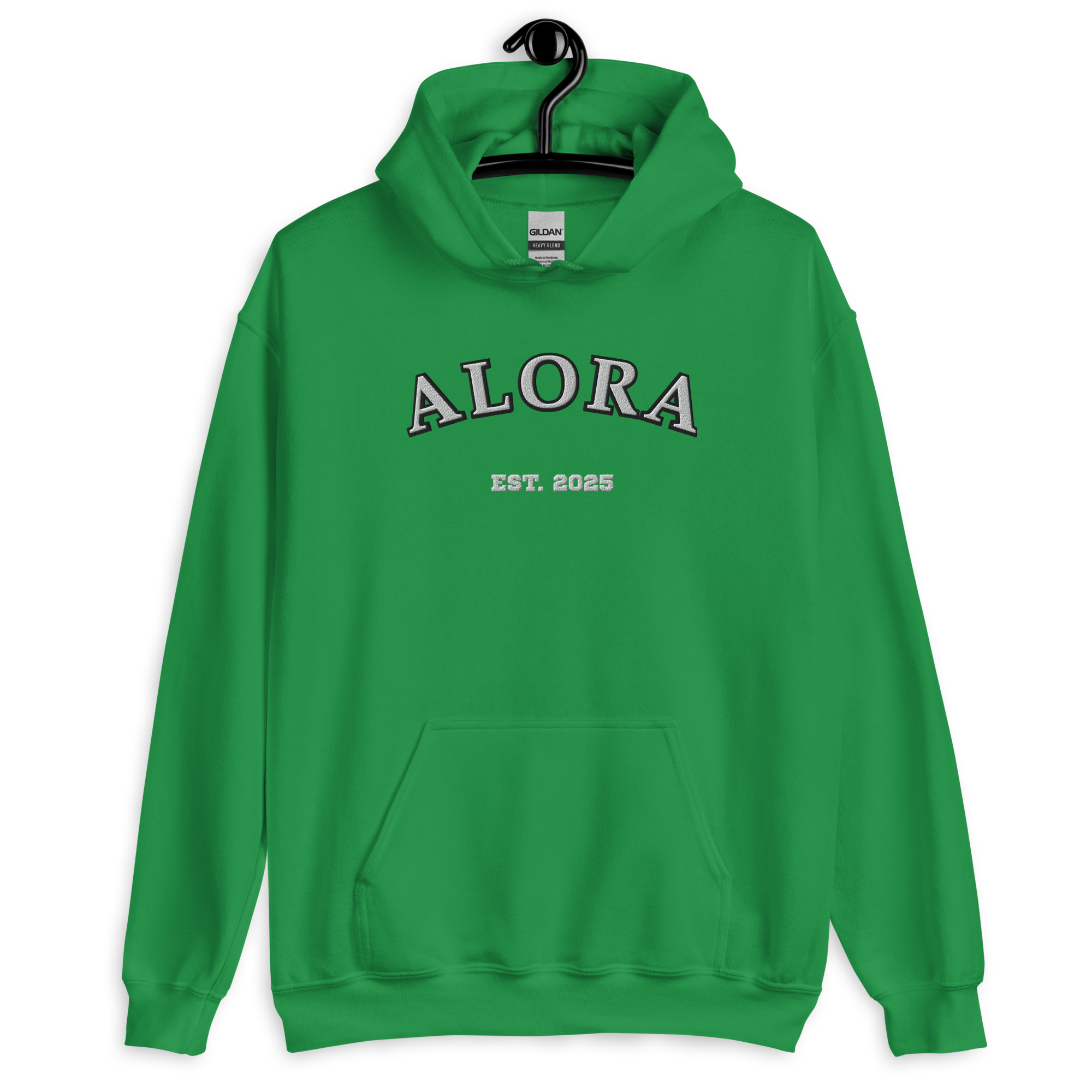 Green hoodie with text 'ALORA', 'EST. 2025' on the front, hanging on a black hanger against a black background.