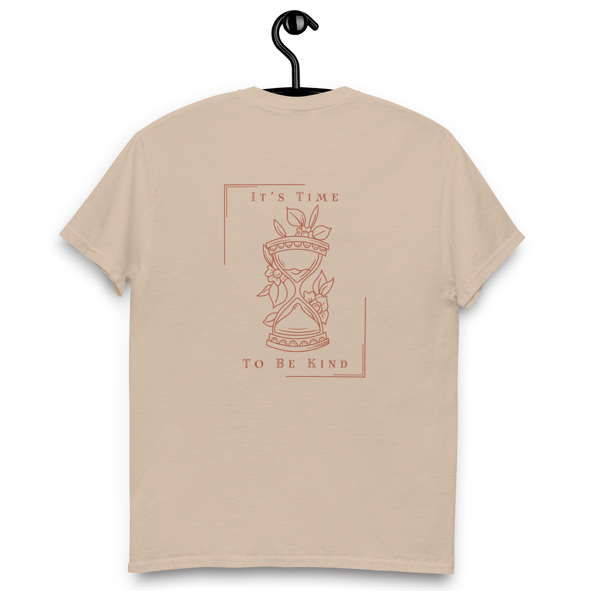 Back of a beige T-shirt with a red line drawing of an hourglass decorated with leaves and flowers, and the phrase 'It's Time To Be Kind' above and below the drawing.