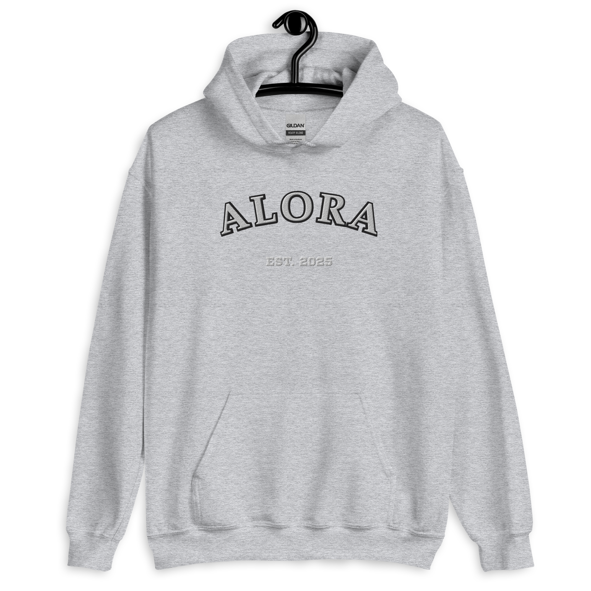 Gray hoodie with 'ALORA' and 'EST. 2023' embroidered on the front, hanging on a black hanger against a black background.