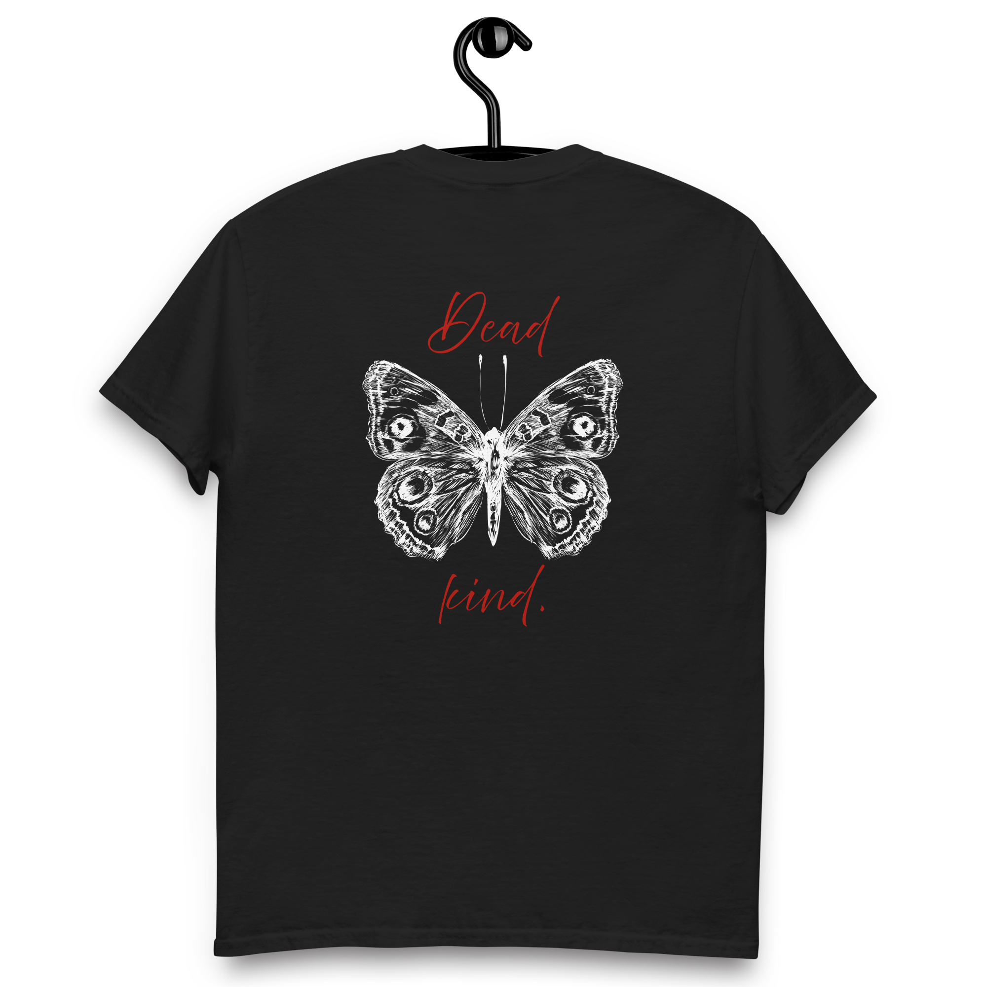A black T-shirt hanging on a hanger, featuring a detailed white butterfly graphic in the center with the words 'Dead' above and 'kind.' below in red cursive font.