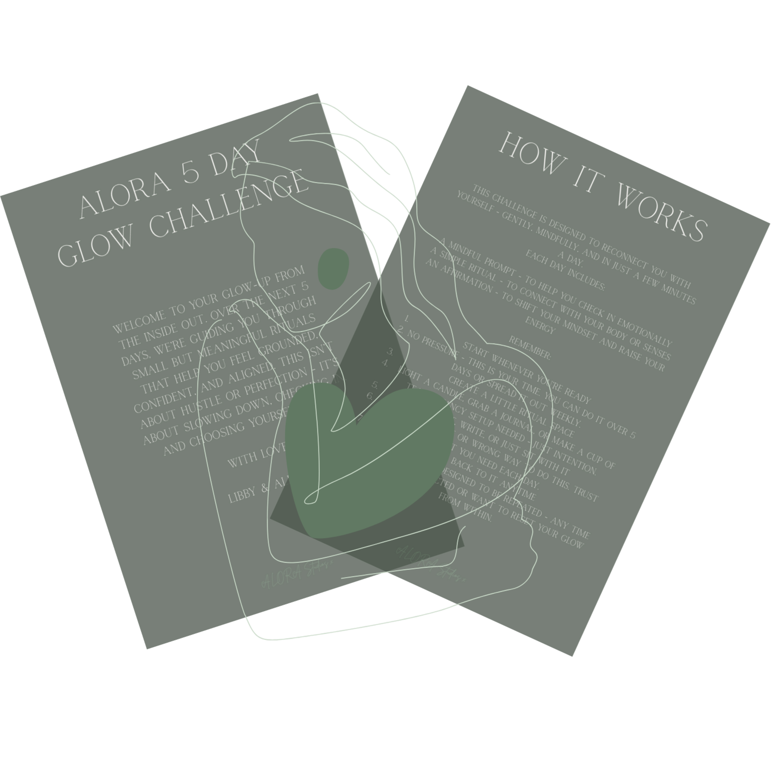 Guide and instructions for the Alora 5 Day Glow Challenge, including a step-by-step process of how it works, emphasizing mindfulness, emotional connection, and daily routines.