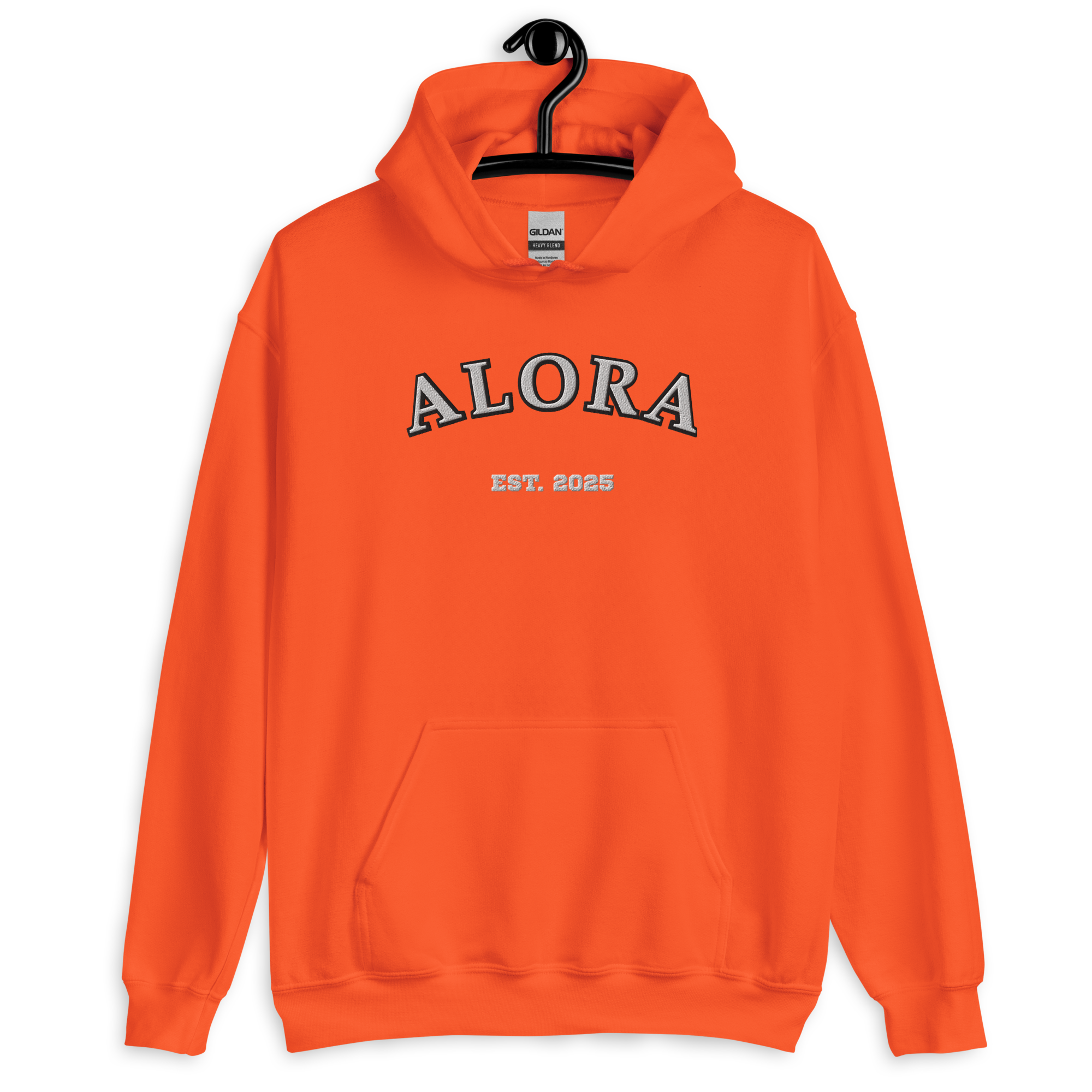 Orange hoodie with 'ALORA' and 'EST. 2025' written on the front, hanging on a black hanger against a black background.