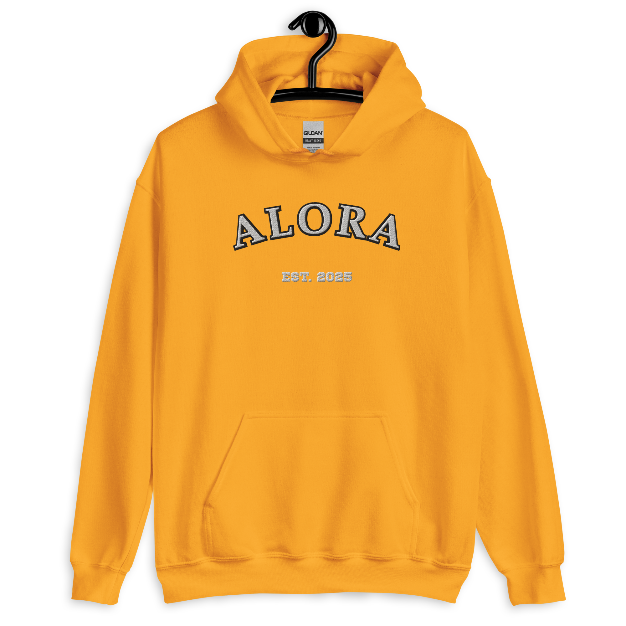 Yellow hoodie with the word 'ALORA' and 'EST. 2025' printed on the front.