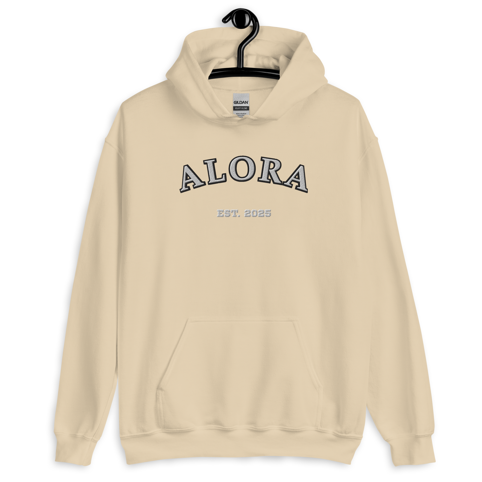 Cream-colored hoodie with black embroidered text "ALORA" and smaller embroidered text "EST. 2025" on the front.