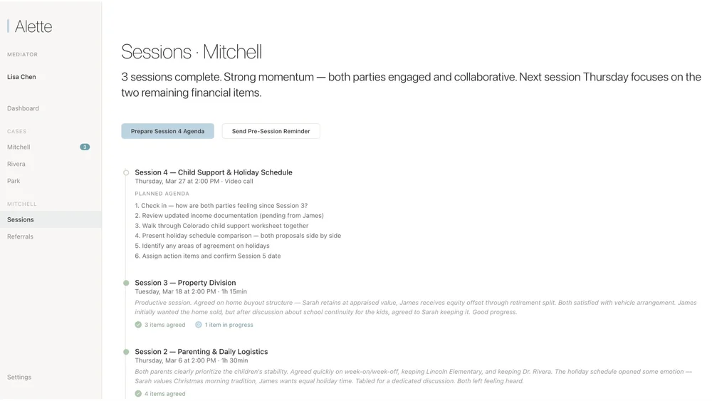 Alette mediator — sessions view