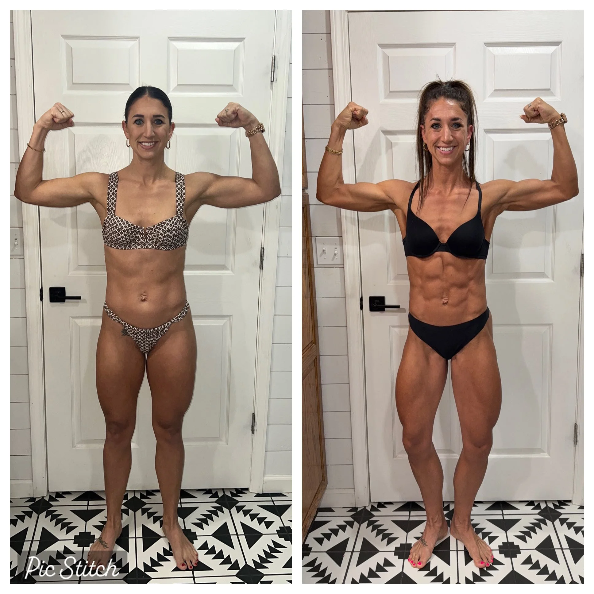 Side-by-side comparison of a woman before and after body transformation, both flexing her arm muscles, standing against a white door and patterned black-and-white floor. The woman on the left has a fuller physique, while the woman on the right has a leaner, more muscular physique with visible abs.