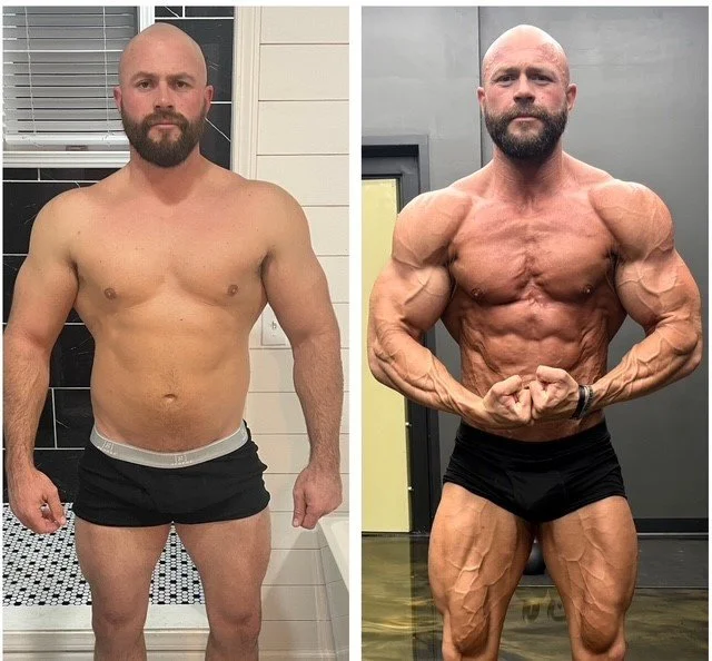 Side-by-side comparison of a man before and after bodybuilding transformation showing increased muscle mass and definition.