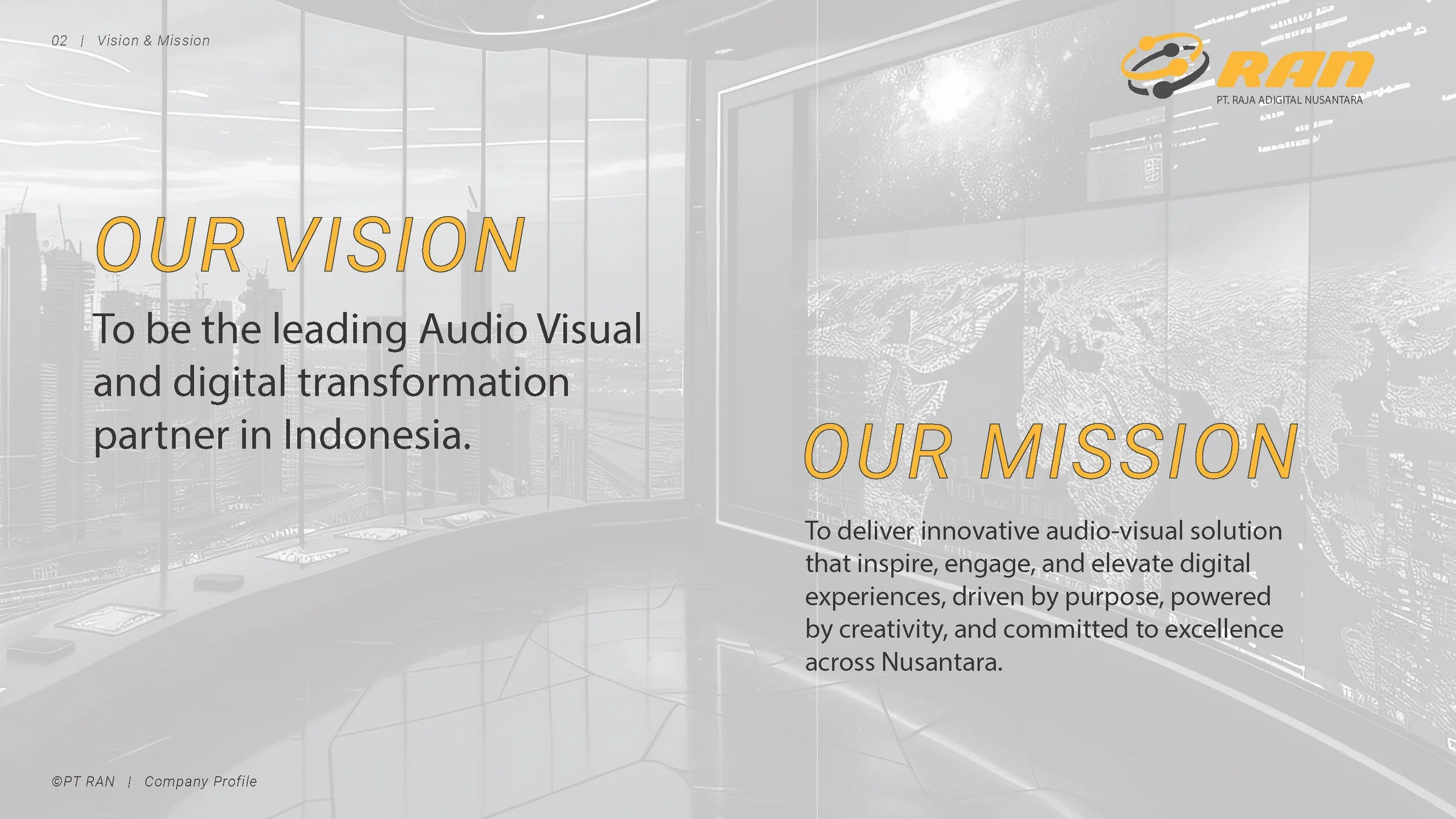 Company profile slide showing the vision and mission of PT RAN, an audio-visual solution partner in Indonesia. The slide features the company's vision to be the leading audio-visual and digital transformation partner and their mission to deliver innovative audio-visual solutions that inspire, engage, and elevate digital experiences.