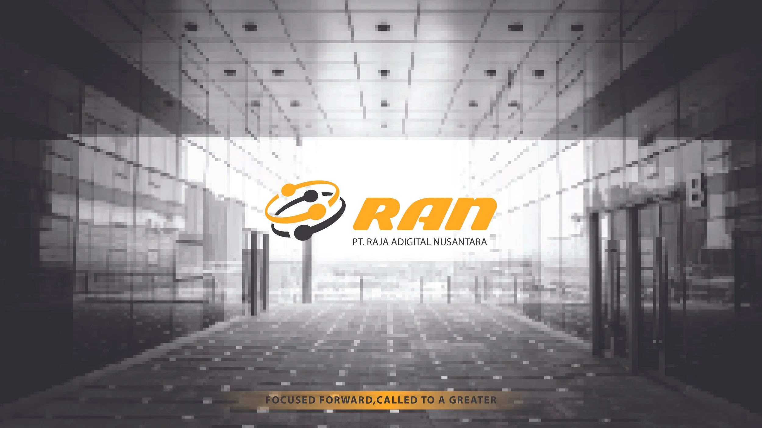 Modern company audio visual solutions provider with a logo for PT. Raja Adigital Nusantara and the word 'RAN'  with a tagline at the bottom that reads 'Focused forward, called to a greater'.