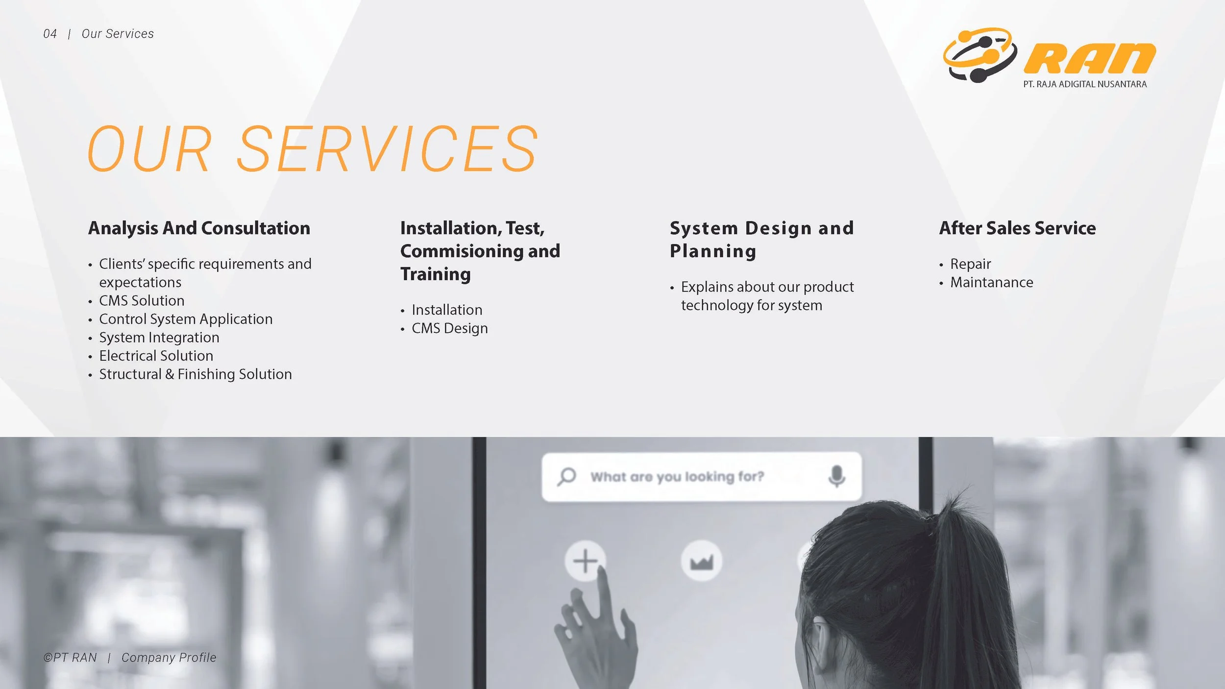 Slide titled 'Our Services' listing various service categories, including Analysis and Consultation, Installation, Test, Commissioning and Training, System Design and Planning, and After Sales Service with bullet points. The slide features a logo with the text ' PT. RAJA ADIGITAL NUSANTARA' and colorful design elements.