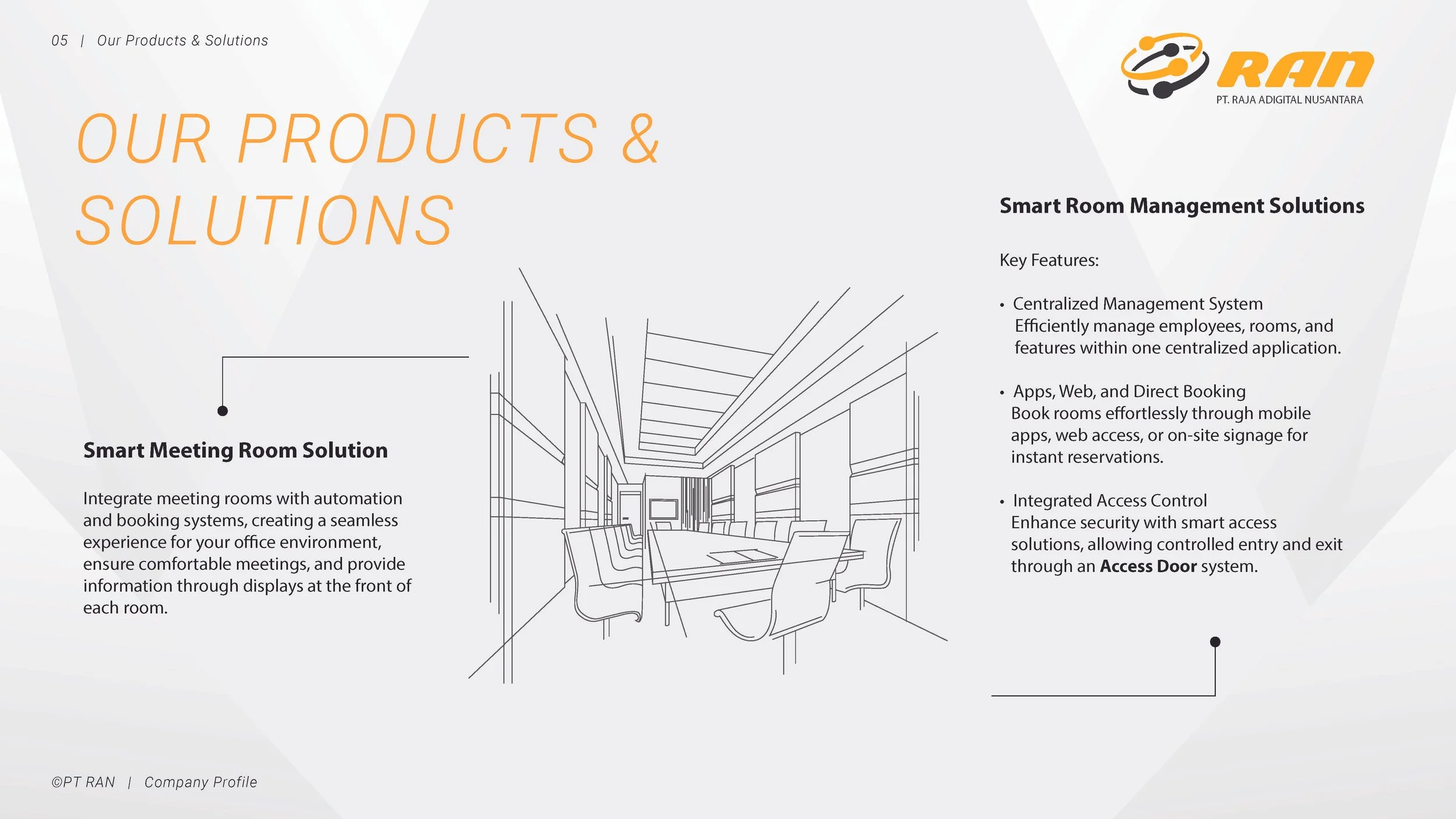Page from a brochure titled "Our Products & Solutions" showcasing smart room management solutions, with an illustration of a modern conference room and text describing features like centralized management system, booking apps, and access control.
