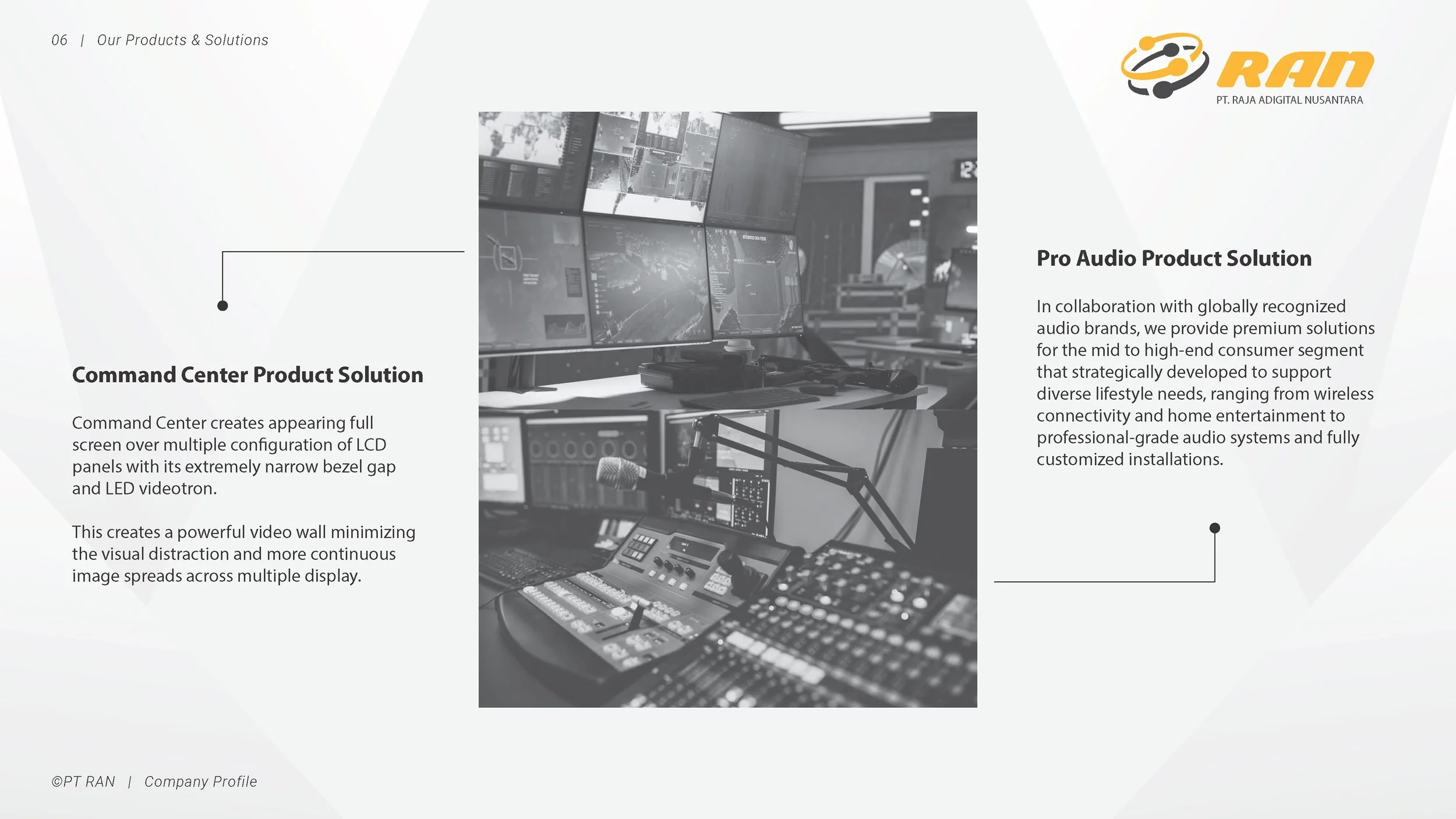 A page from a company profile document featuring a grayscale photograph of a professional audio or video control room with multiple monitors, keyboards, and audio equipment, accompanied by descriptions of command center product solutions and pro audio product solutions.
