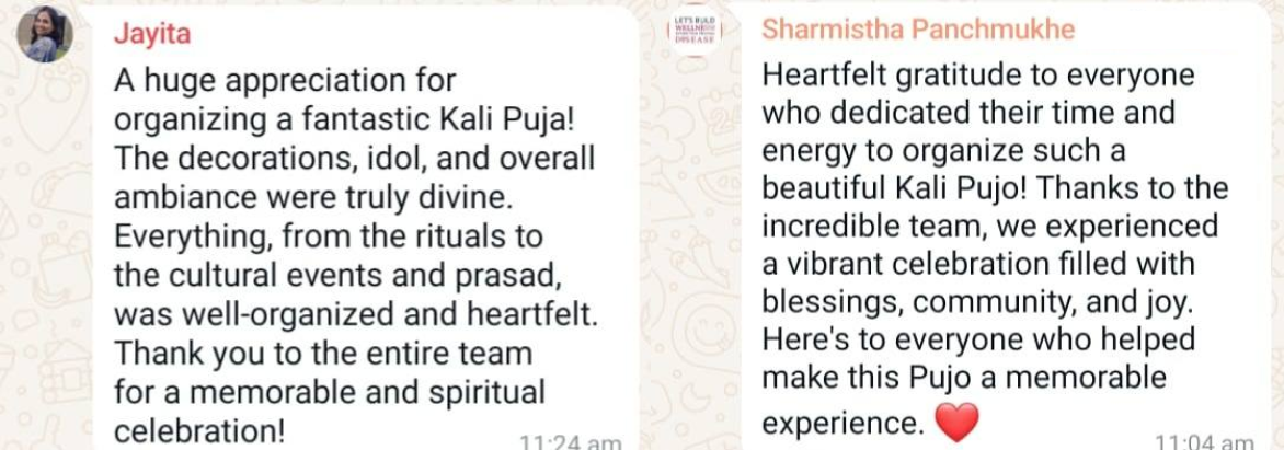 Testimonials praising a Kali Puja celebration, expressing gratitude for the decorations, rituals, and community spirit.