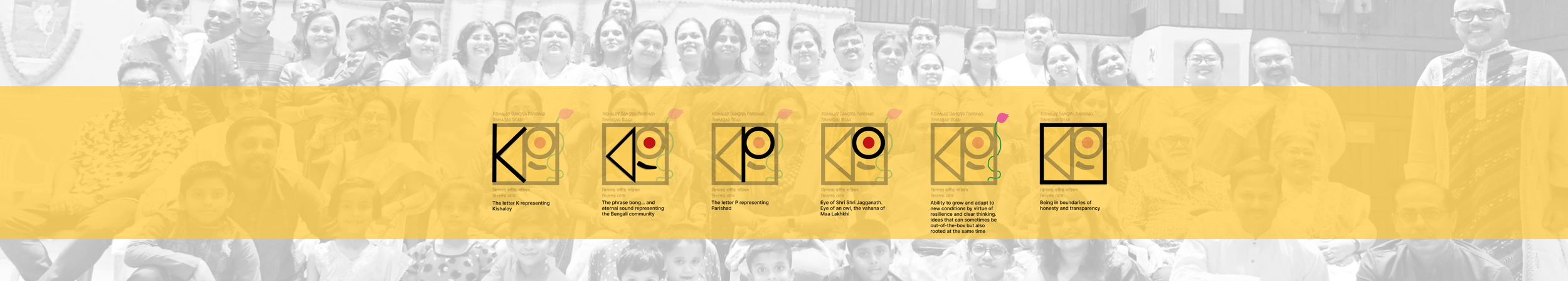 Group photo of men, women, and children smiling outdoors, with a yellow banner across the middle displaying symbols and words related to Kishalay, a Bengali community organization.