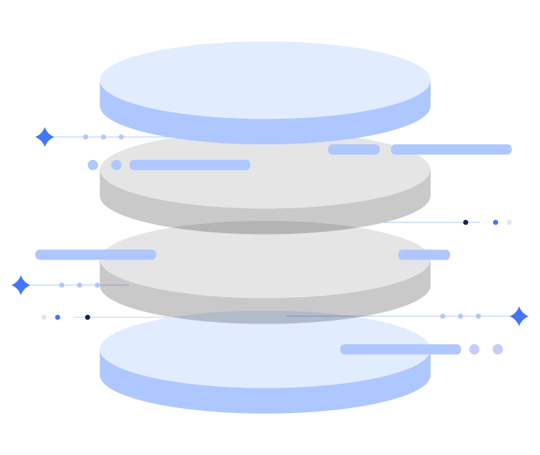 An abstract digital graphic consisting of four layered, elliptical discs in shades of blue and gray with decorative lines and small star-like symbols surrounding them.