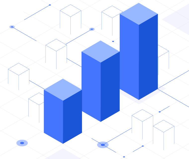 3D blue bar chart showing increasing values on a black grid background with white and light purple geometric shapes.