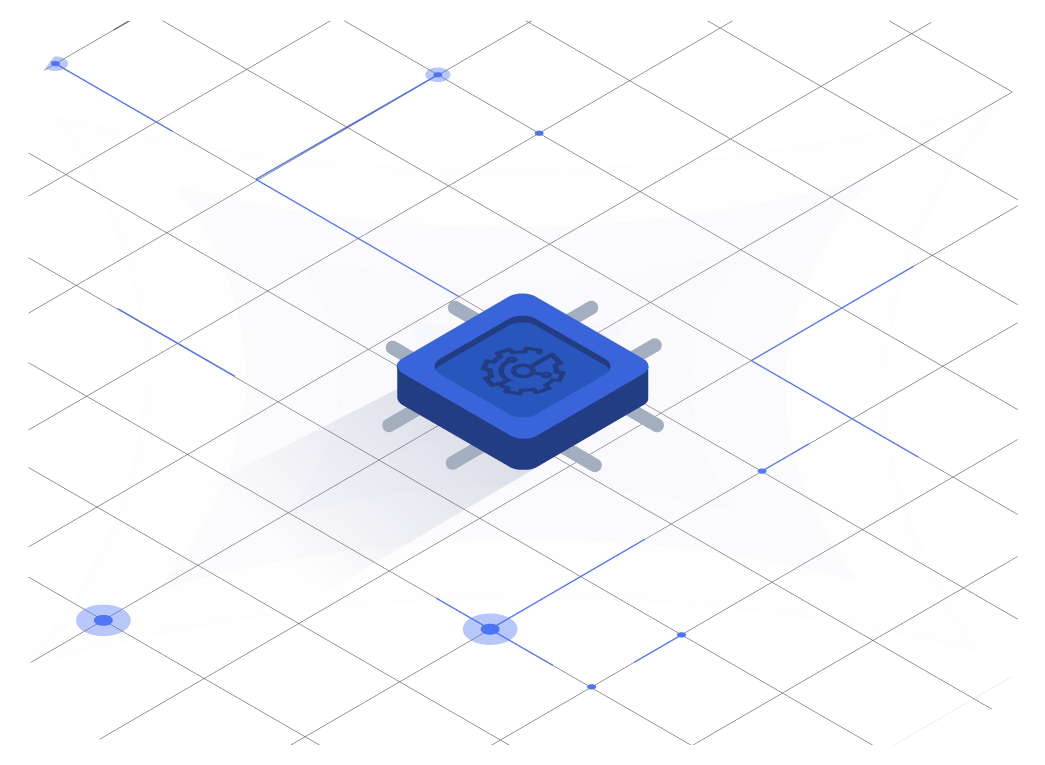 Isometric illustration of a microchip with a gear symbol, surrounded by a digital grid and lattice structure in shades of blue and white.