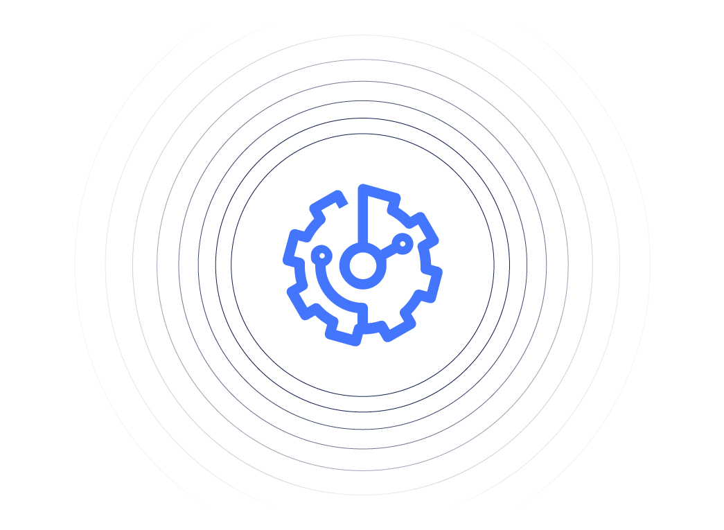 A gear icon with a circular arrow, indicating settings or process, on a white background with concentric circles.