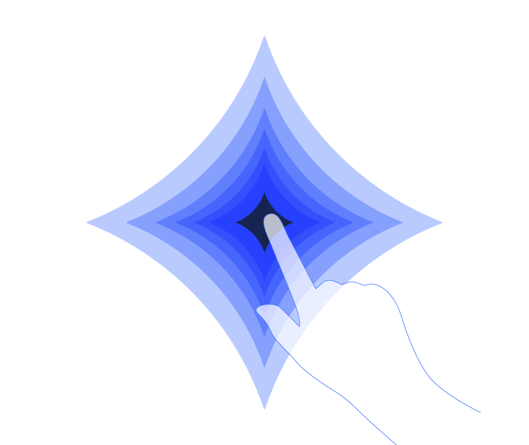 A white gloved hand points to a blue gradient star-shaped symbol with a central dark spot, resembling a magic or energy effect.