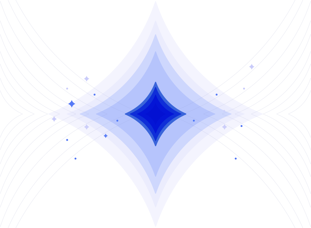 Abstract digital graphic with a central blue diamond shape, surrounded by concentric curved lines and small star-like dots, on a black background.
