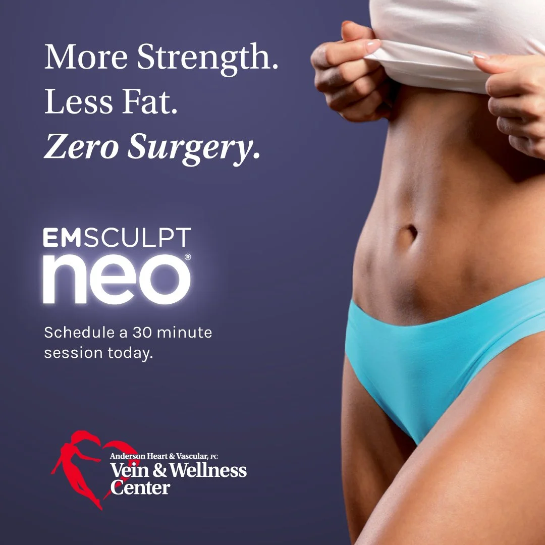 With EMSCULPT NEO at Anderson Vein & Wellness, you can build muscle and burn fat in just 30-minute sessions. This means no surgery, no downtime.
#EmSculpt #WeightLoss