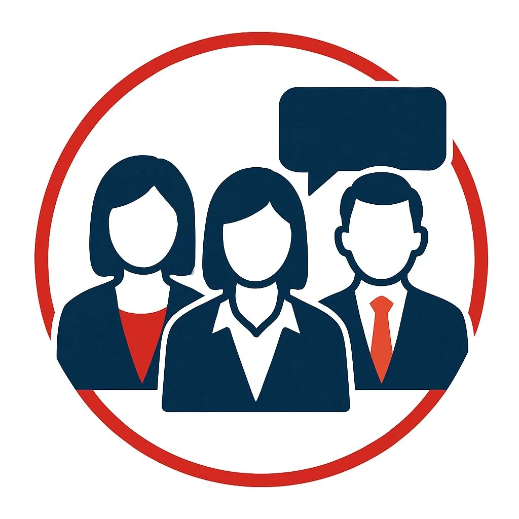 Illustration of three faceless business people, two women and one man, inside a red circle with a speech bubble above the man.