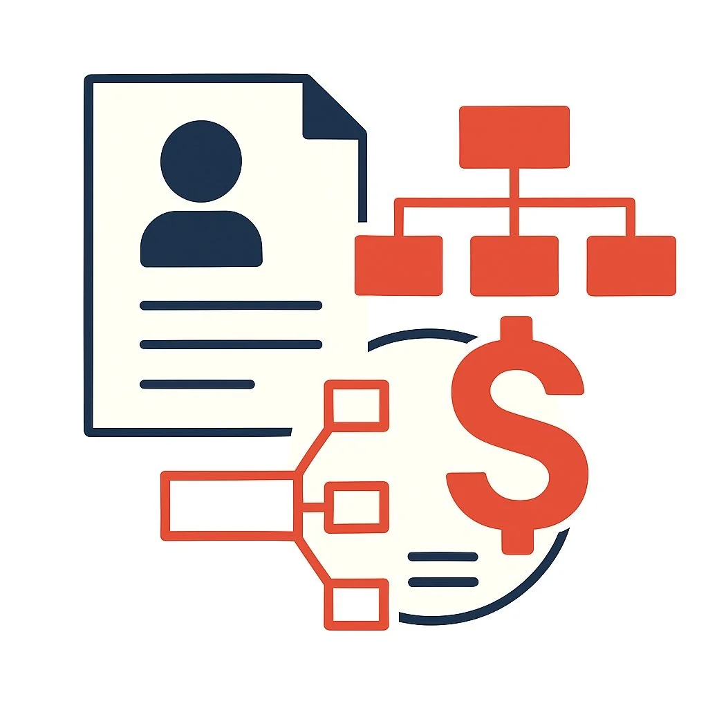 Icon of a resume or profile with connecting flowchart and a dollar sign, representing job, flow, or career development with financial aspect.