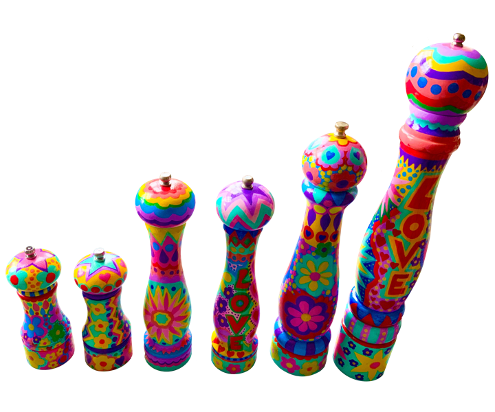 Six Colourful, patterned wooden pepper grinders arranged in a line, each painted with vibrant, psychedelic designs and the word "LOVE" on some.