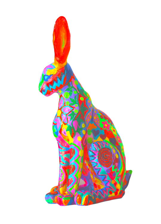 Colourful, psychedelic rabbit sculpture with vibrant patterns and bright colours