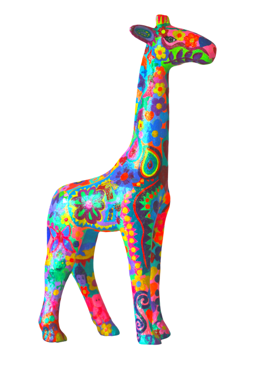 Colourful giraffe ornament decorated with vibrant, psychedelic patterns and flowers in various bright colours.