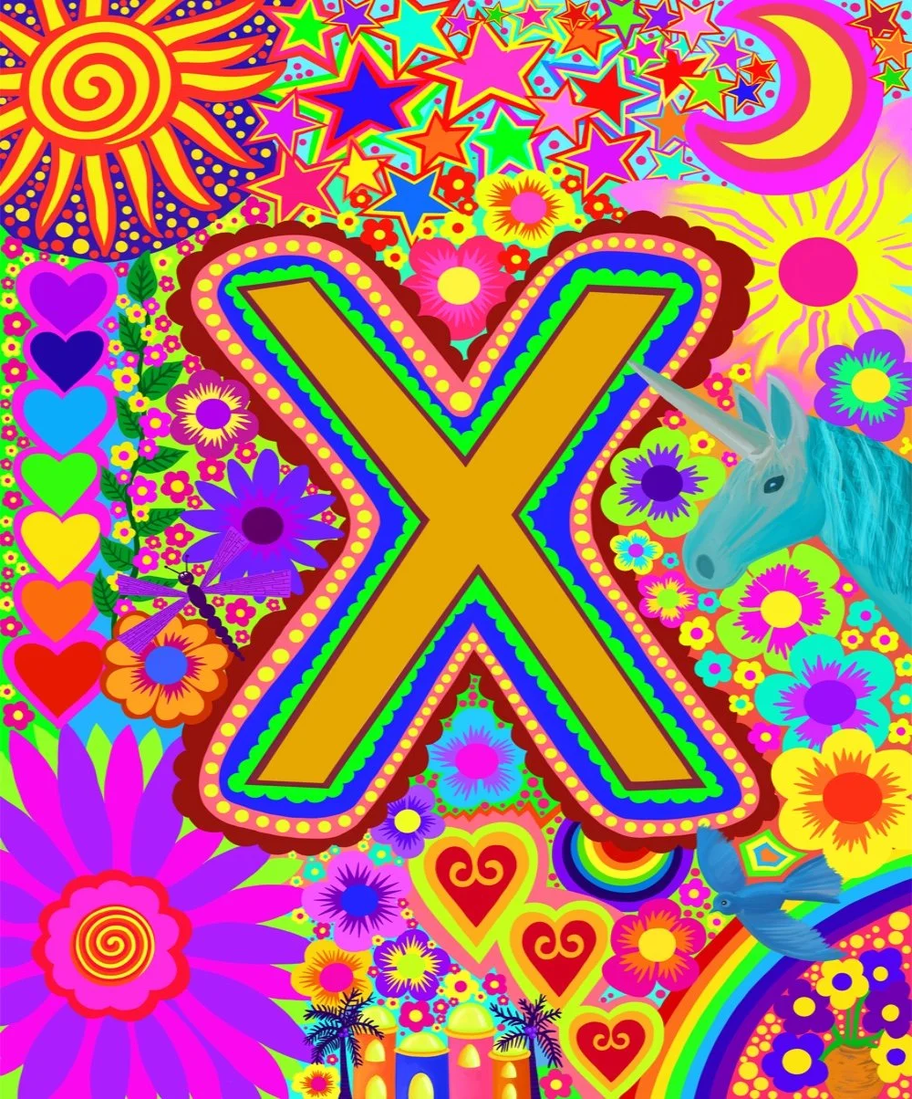 Colourful psychedelic artwork with a large gold X at the center, surrounded by stars, hearts, flowers, a crescent moon, a rainbow, a unicorn, and two blue birds.