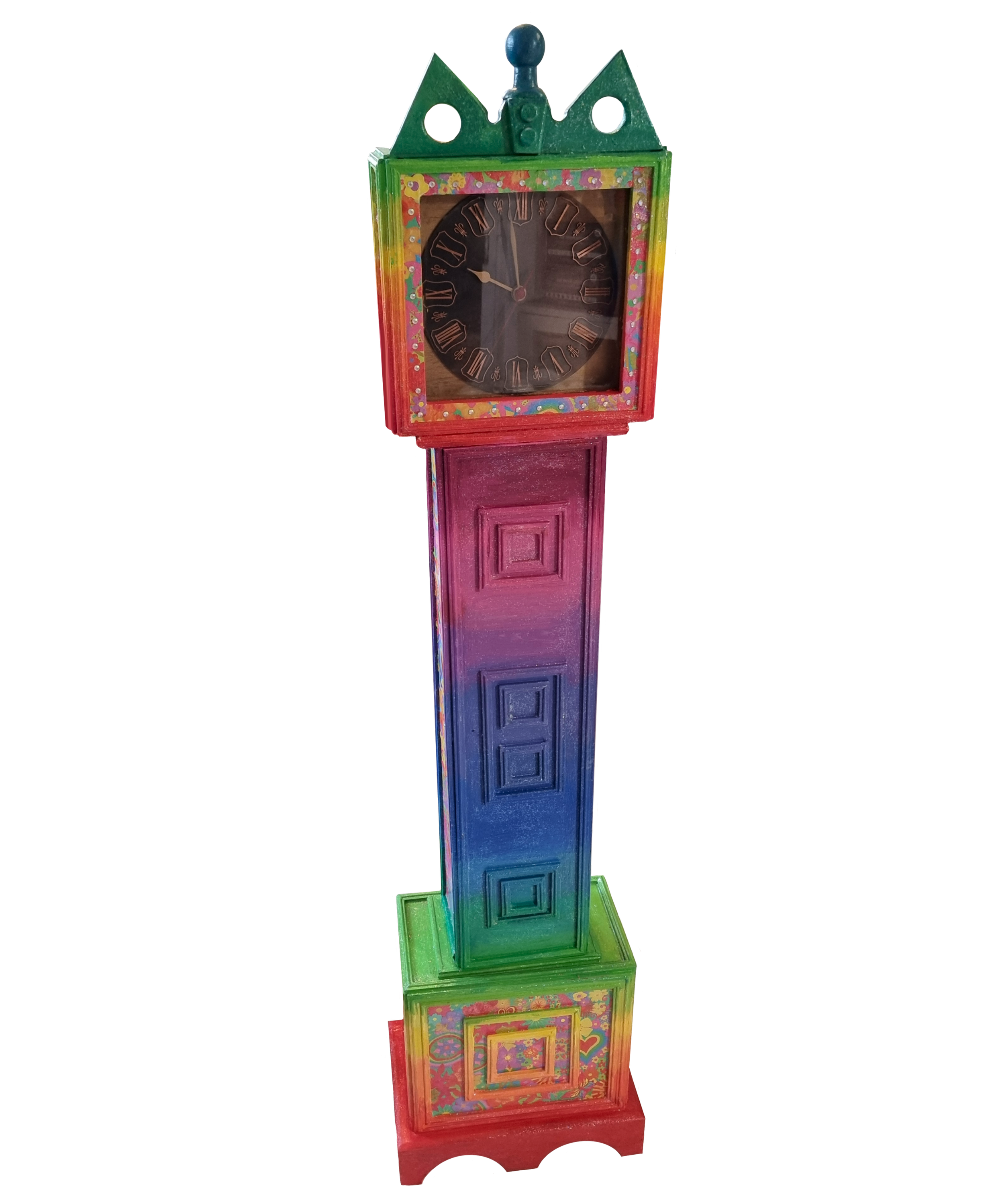 Colourful, artistic model of a grandmother clock with a rainbow gradient and floral patterns, set against a black background.