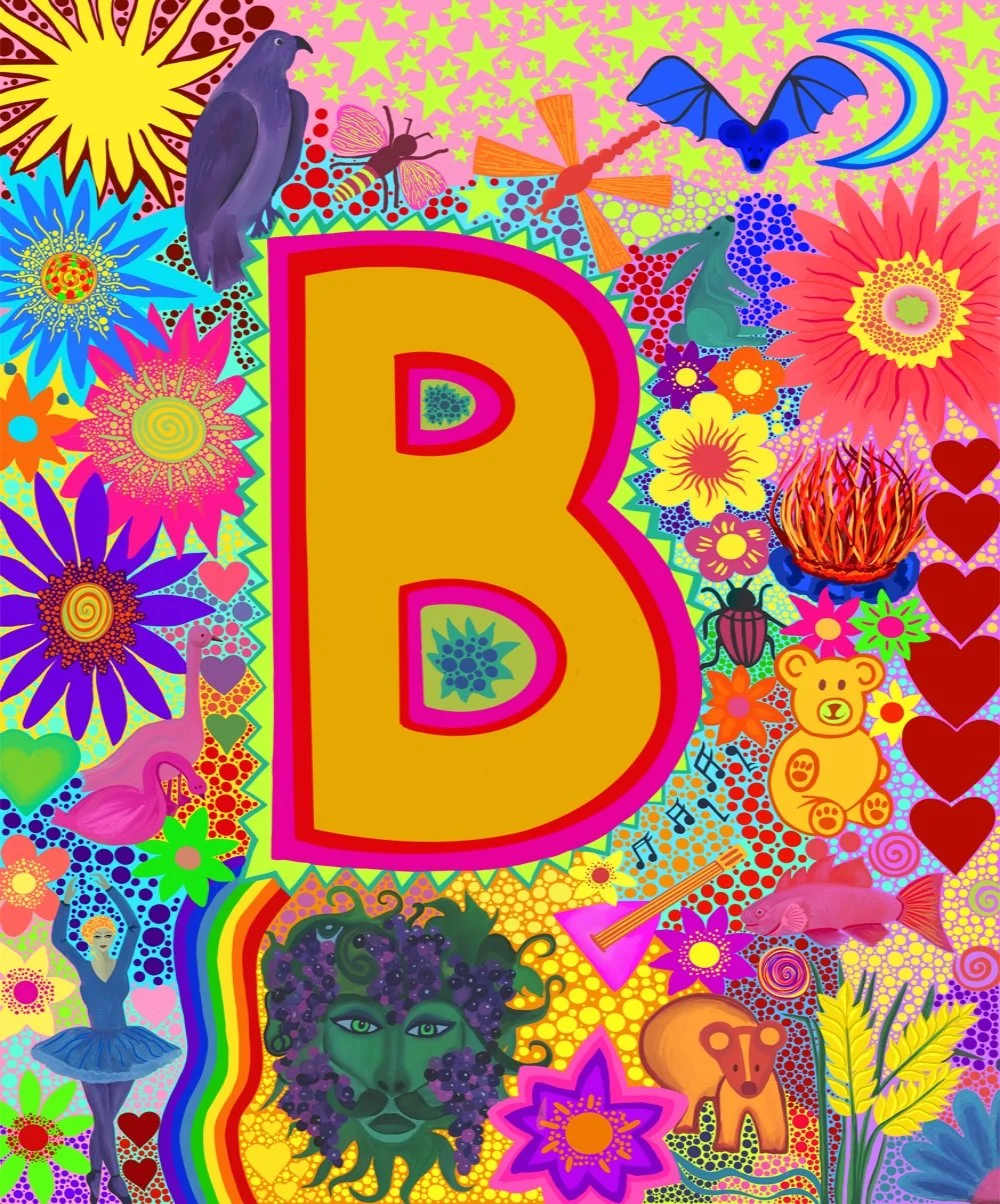 Colourful psychedelic collage with a large gold letter 'B' at the center, surrounded by flowers, animals, and whimsical figures.