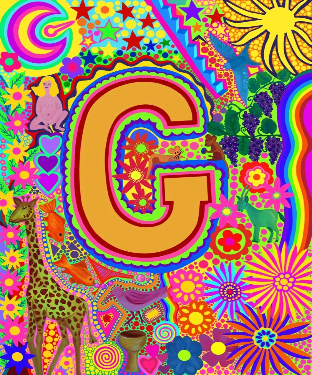 Colourful psychedelic artwork featuring a large gold letter 'G' surrounded by vibrant flowers, animals, and abstract patterns including a giraffe, a parrot, a hummingbird, grapes, a butterfly, and a woman, with rainbow and star motifs.